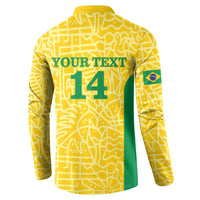 Yellow and green football button sweatshirt, side view with Brazil crest on sleeve