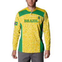 Yellow and green Brazil football button sweatshirt on model, front view with placket