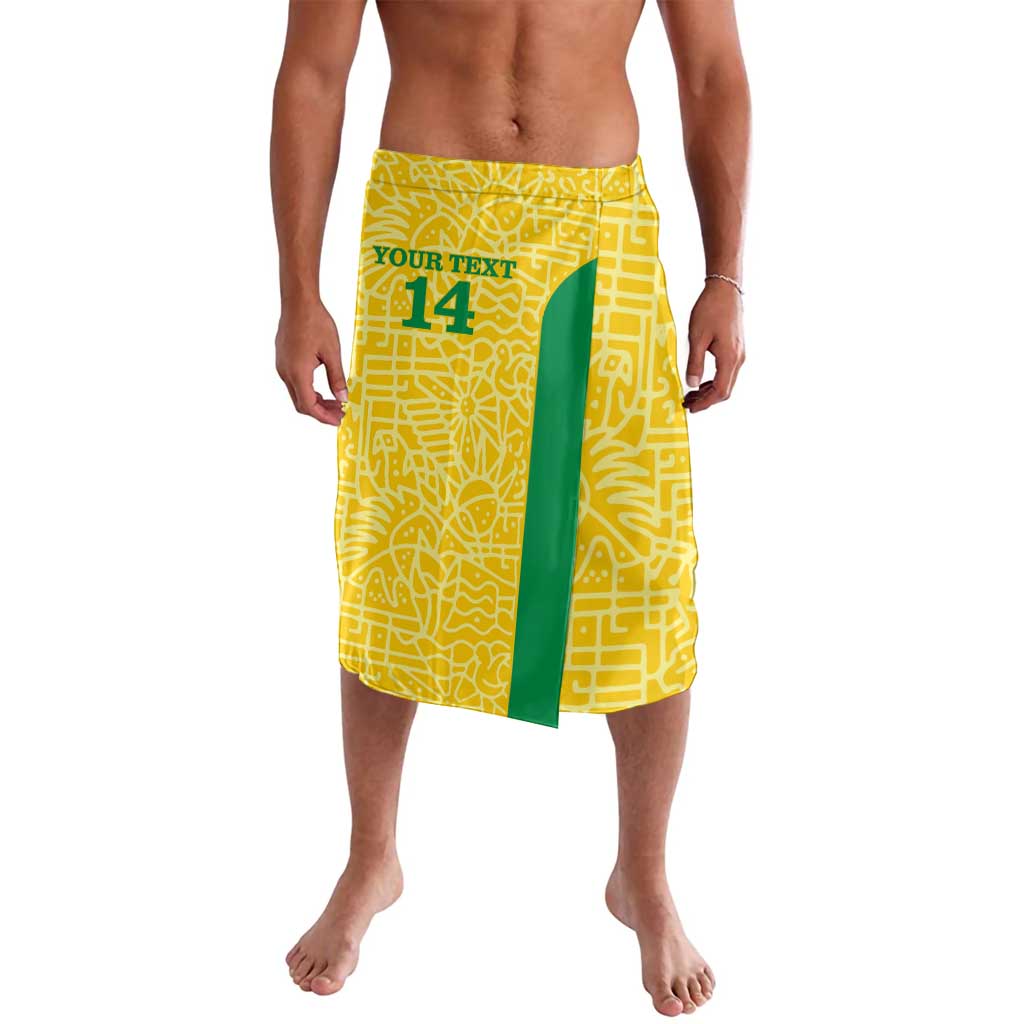 Yellow graphic lavalava with green front panel and text print, knee-length