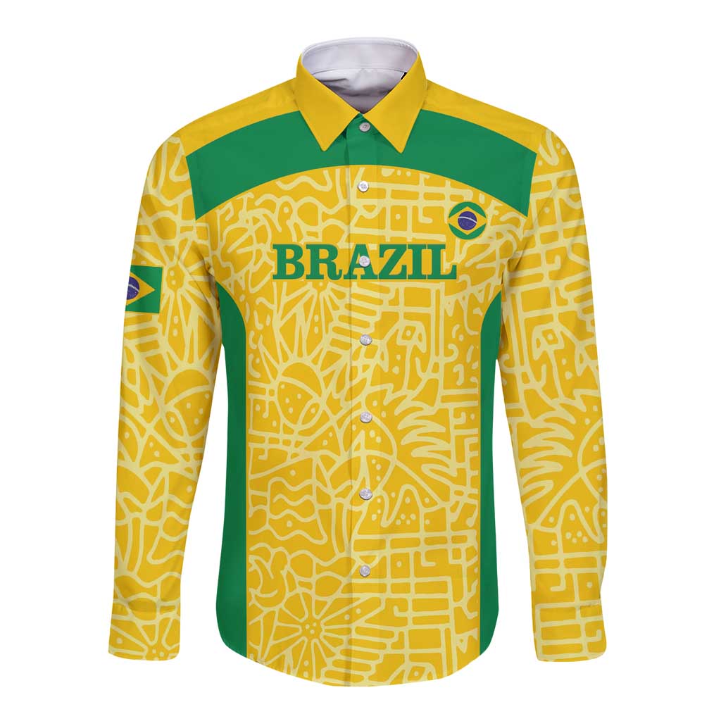 Yellow long-sleeve button football shirt with green yoke and Brazil logo front, patterned