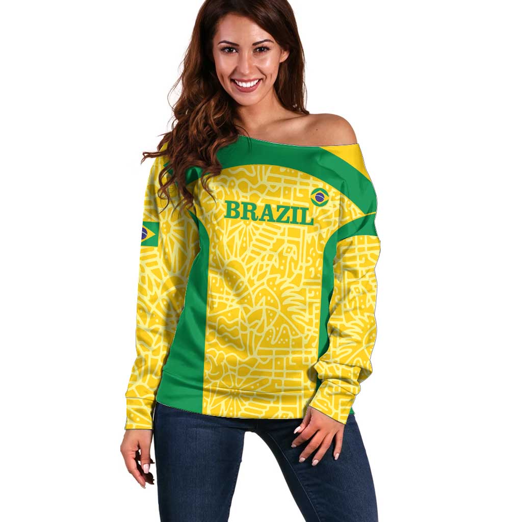 Custom Brazil Football Off Shoulder Sweater Vamos Selecao - Yellow - Wonder Print Shop