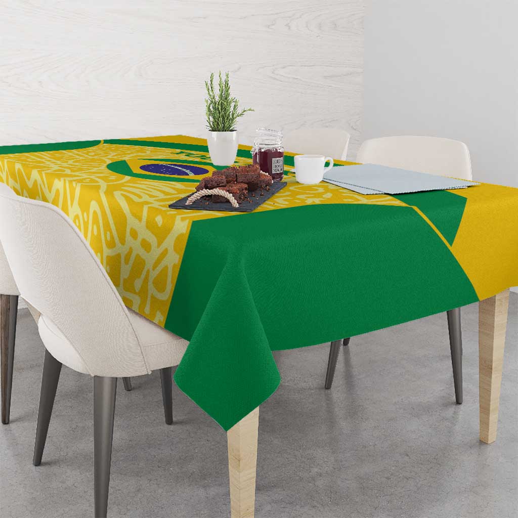 Brazil football tablecloth with yellow patterned center and green overhang at front