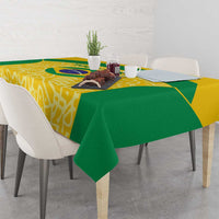 Brazil football tablecloth with yellow patterned center and green overhang at front