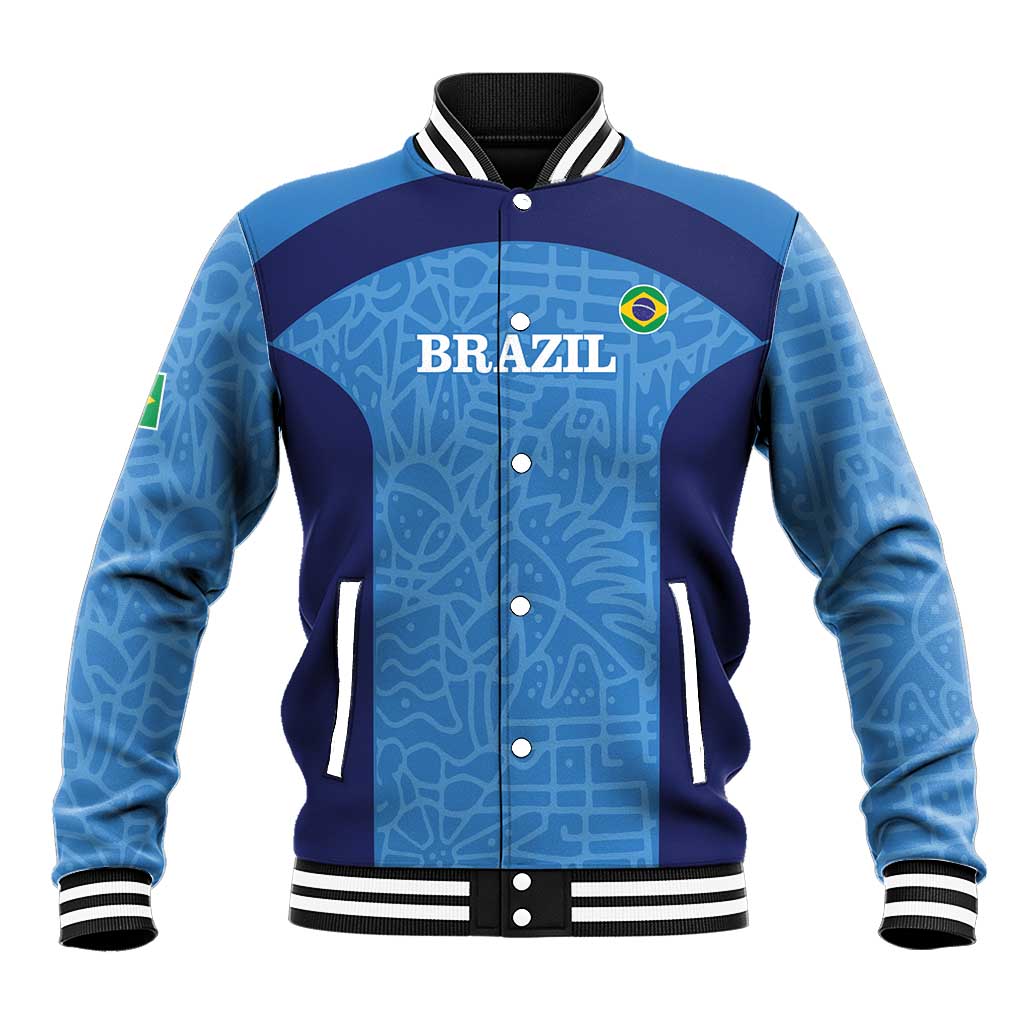 Blue Brazil football baseball jacket, zip front, striped collar and cuffs, chest crest.