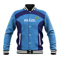 Blue Brazil football baseball jacket, zip front, striped collar and cuffs, chest crest.