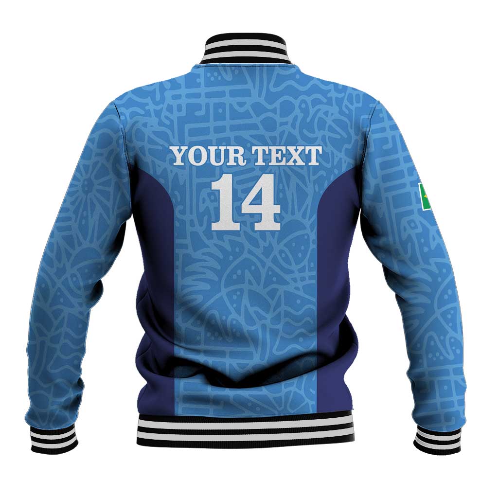 Blue football baseball jacket back, ribbed collar, custom name and number 14.