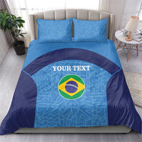 Blue bedding set with Brazil flag emblem and two matching pillowcases