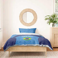Blue Brazil flag bedding set with two pillowcases on a wooden bed