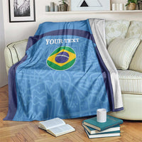 Blue football blanket with navy panel, Brazil flag circle, and custom text
