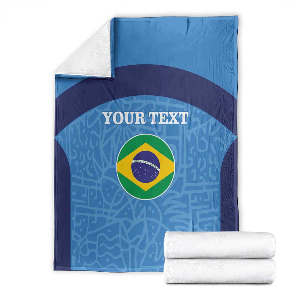 Folded football blanket set: blue and navy with Brazil flag circle and custom text