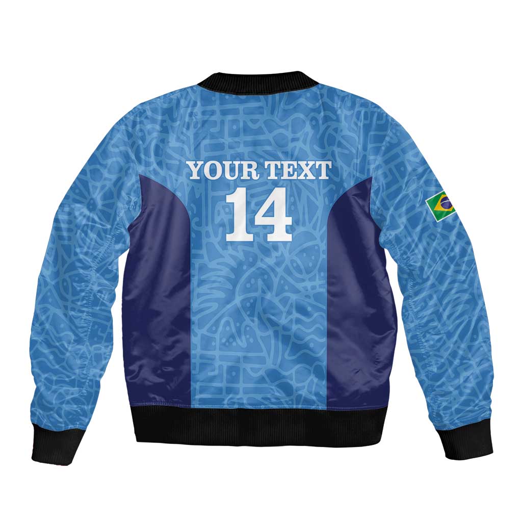 Blue bomber jacket back with 'YOUR TEXT 14' print, ribbed hem and cuffs