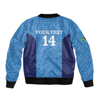 Blue bomber jacket back with 'YOUR TEXT 14' print, ribbed hem and cuffs