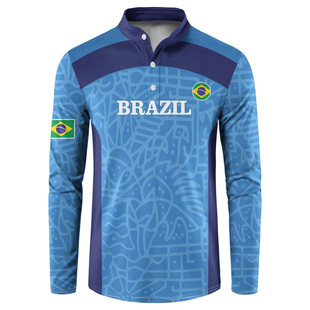 Blue Brazil football button sweatshirt with navy collar and Brazil crest on chest