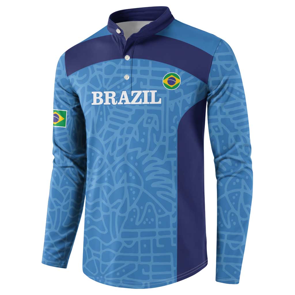Blue long-sleeve football button sweatshirt with Brazil crest and Brazil wordmark