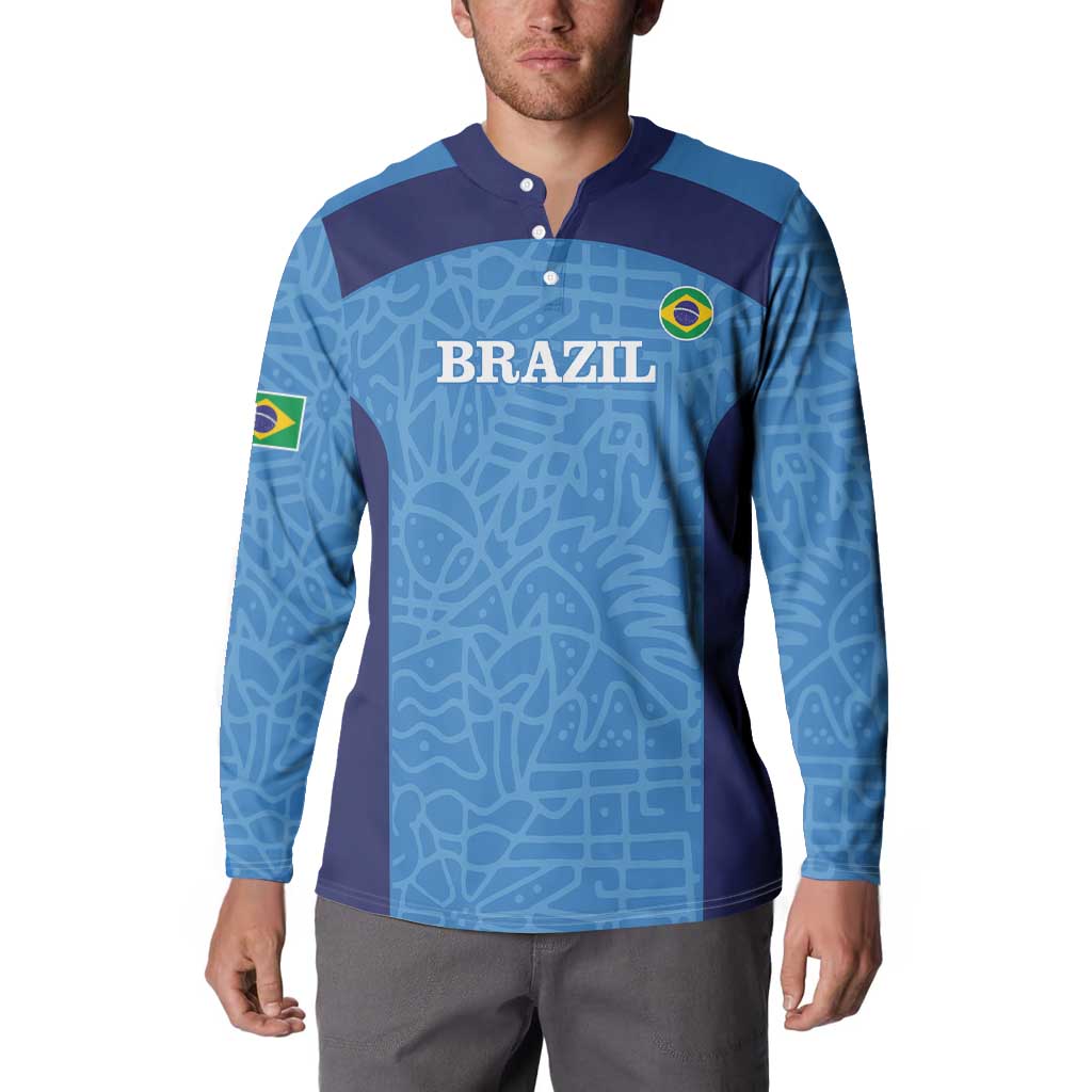Blue football button sweatshirt with Brazil crest and BRASIL lettering across chest