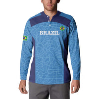 Blue football button sweatshirt with Brazil crest and BRASIL lettering across chest
