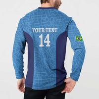 Blue football button sweatshirt back with YOUR TEXT 14 and Brazil flag badge
