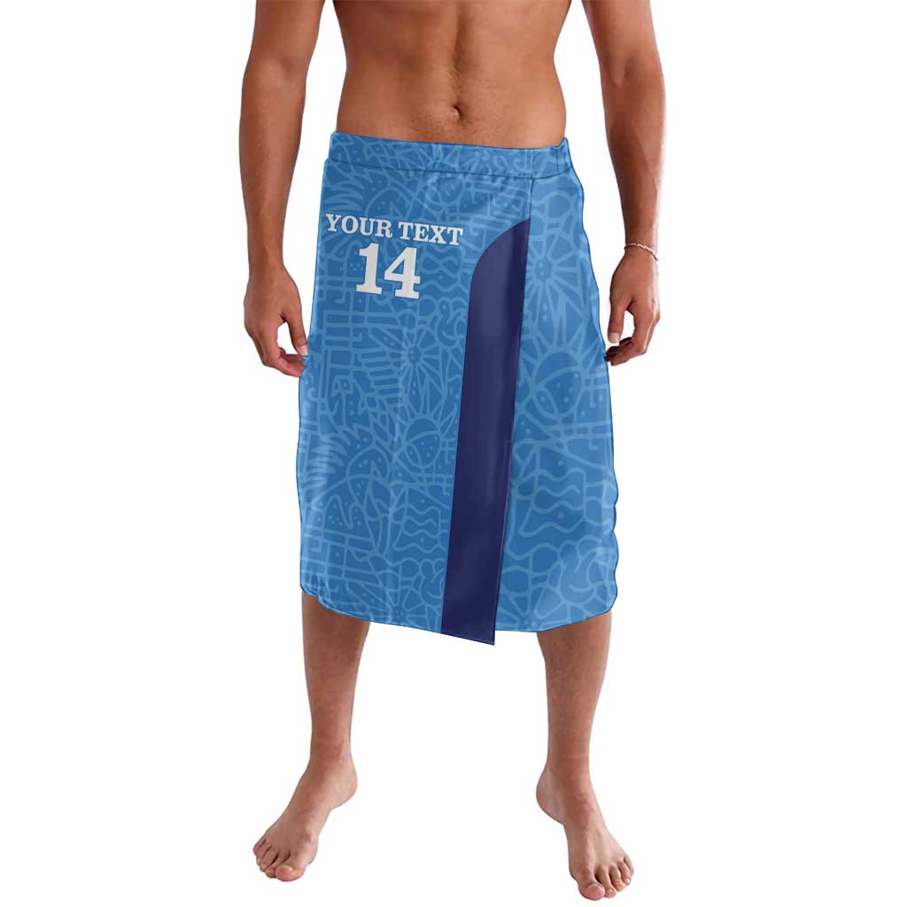Blue lavalava style sarong with front split and custom number 14 print