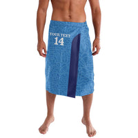 Blue lavalava style sarong with front split and custom number 14 print