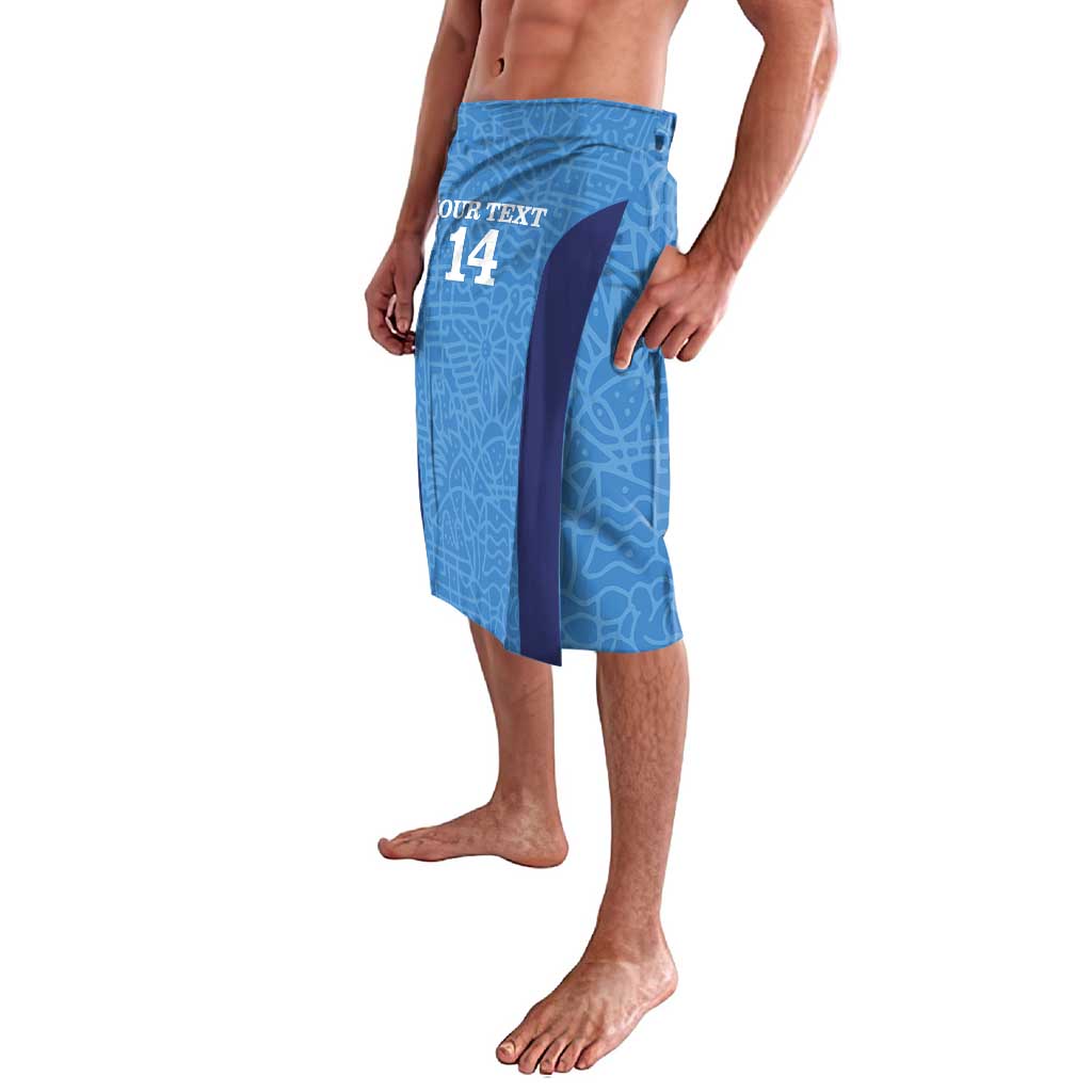 Blue lavalava sarong with custom number 14, front split panel and geometric print