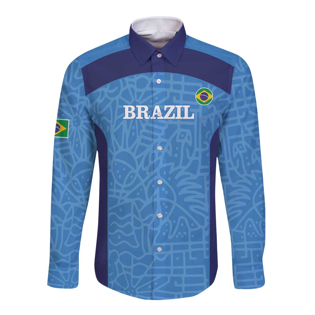 Blue Brazil long-sleeve button football shirt with dark side panels and crest