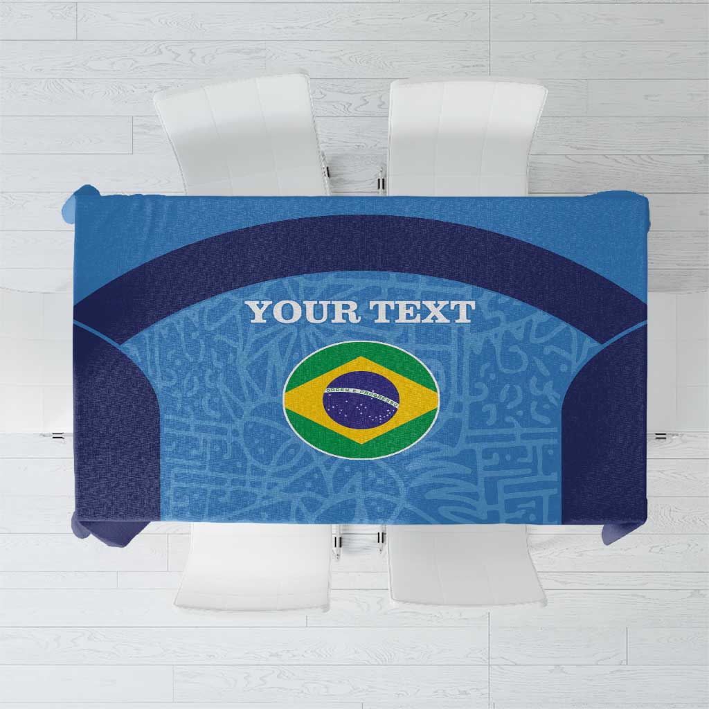 Custom blue football tablecloth with Brazil crest and editable text panel