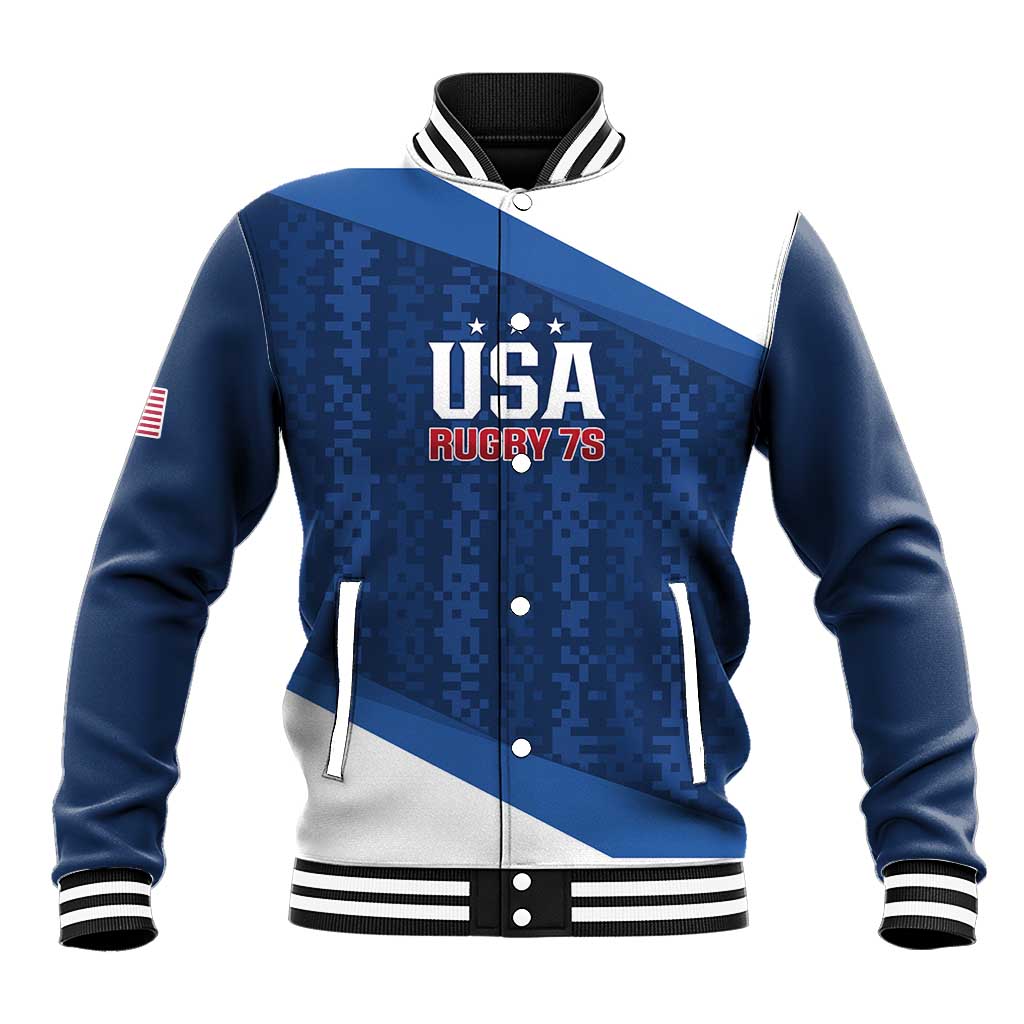 Blue baseball varsity jacket with USA Rugby 75 graphic, striped ribbed collar and cuffs