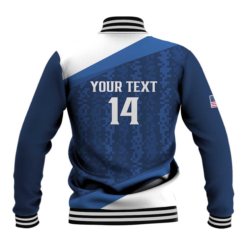 Blue baseball varsity jacket with back number 14 and custom text, striped ribbed hem