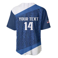 Blue and white rugby jersey back with YOUR TEXT and number 14, flag sleeve