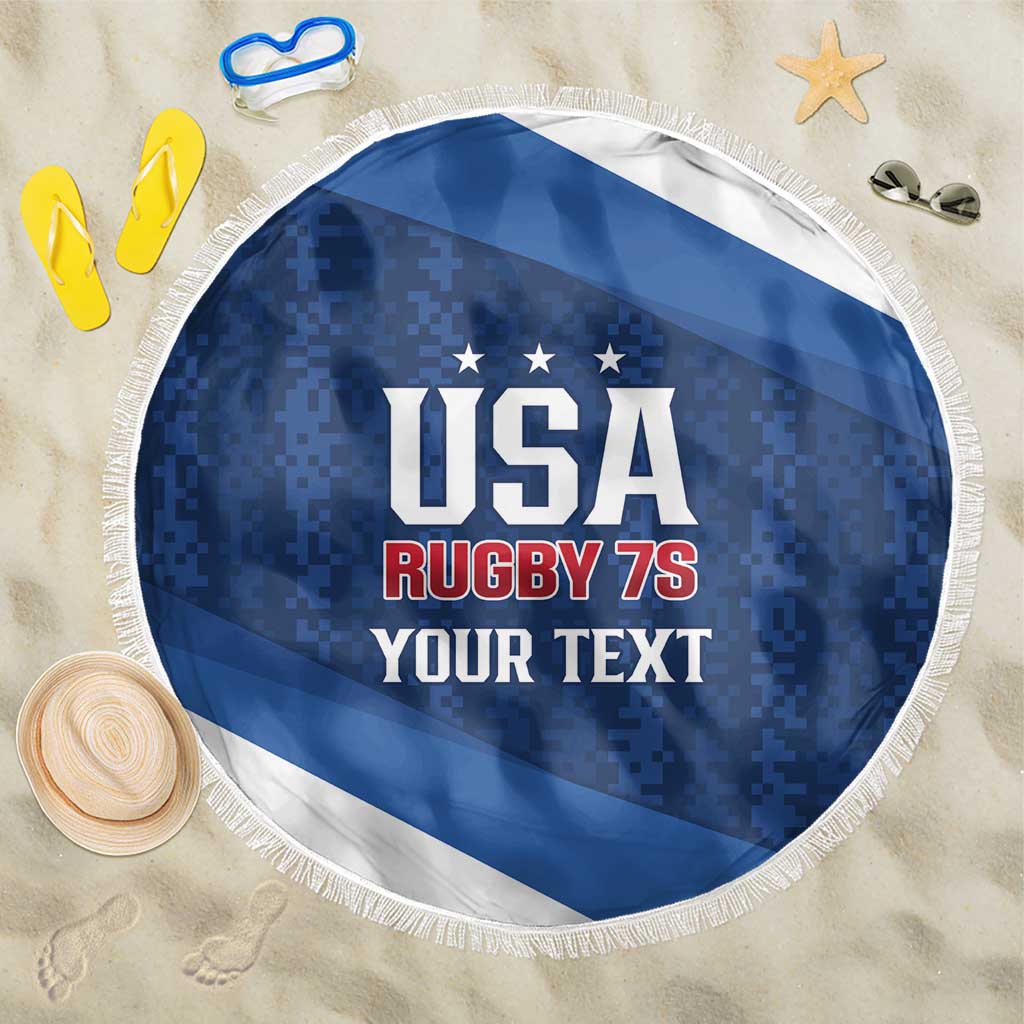 Blue round beach blanket with white stripe, fringe edge, USA Rugby 7s graphic and "Your text"