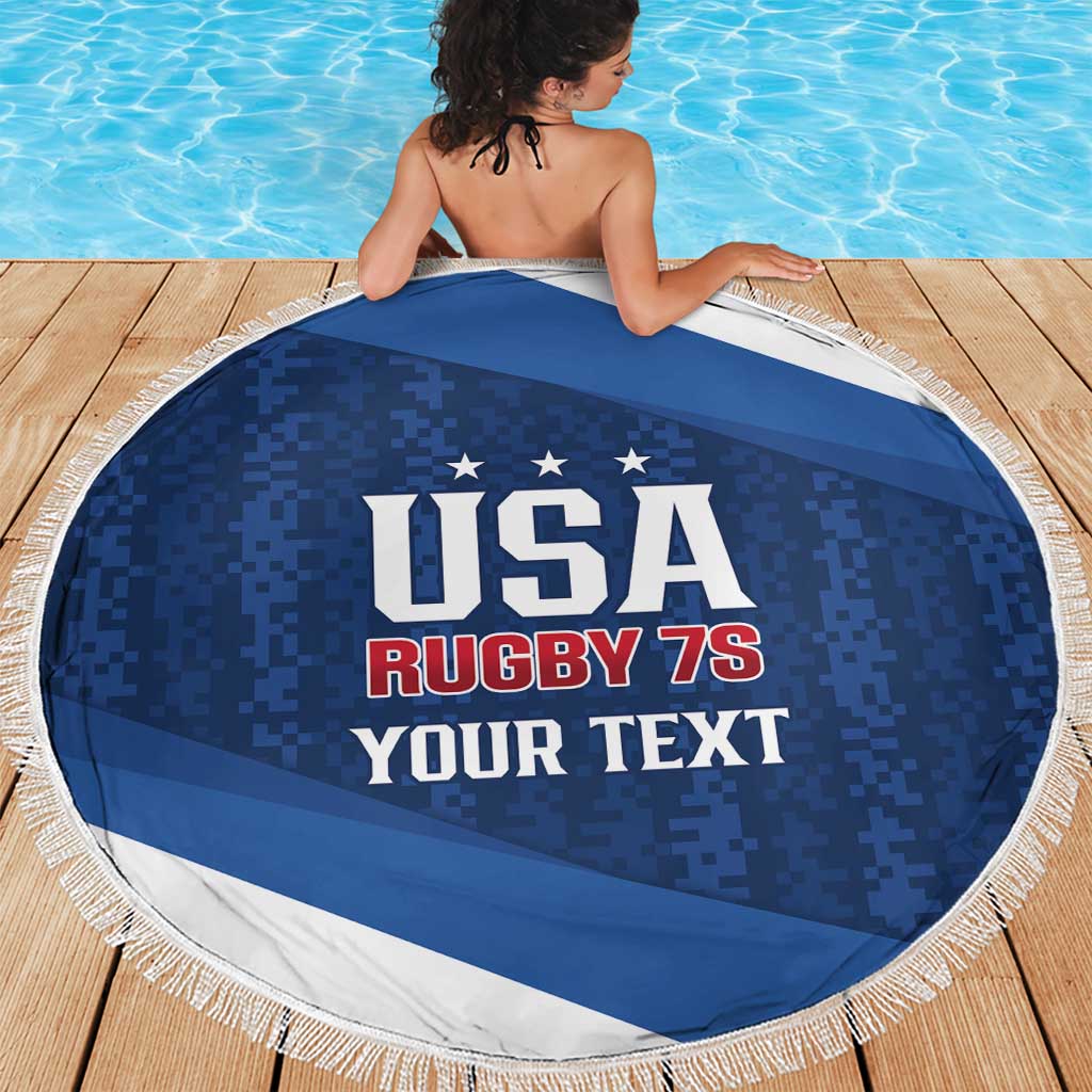 Blue circular beach blanket with fringe border, USA Rugby 7s and "Your text" text design