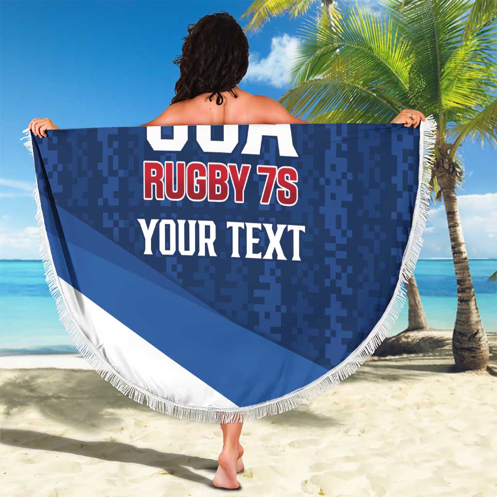 Blue round beach blanket with white stripe, fringe edge, USA Rugby 7s "Your text" graphic