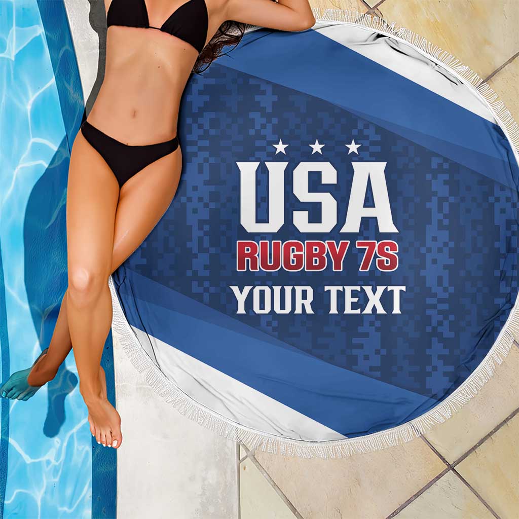 Blue round beach blanket with white stripe and fringe, USA Rugby 7s "Your text" design