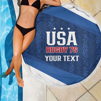 Blue round beach blanket with white stripe and fringe, USA Rugby 7s "Your text" design