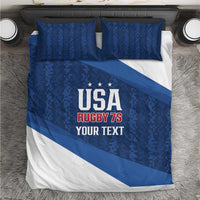 Blue and white duvet cover with USA Rugby 7s text and star accents, plus two pillows