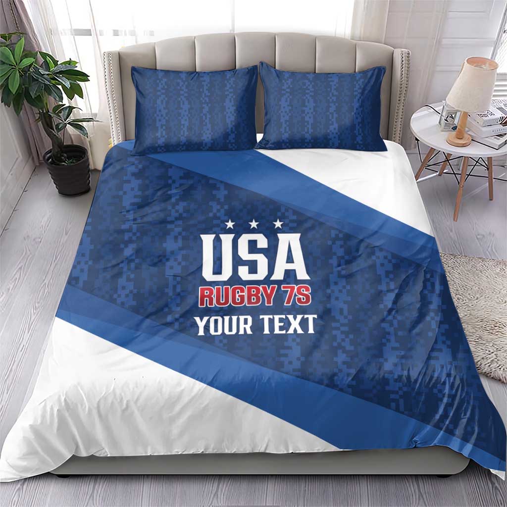 Blue and white bedding set: duvet cover with USA Rugby 7s print and two matching pillows