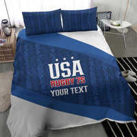 Blue and white duvet cover with USA Rugby 7s logo and diagonal stripe, with two pillows