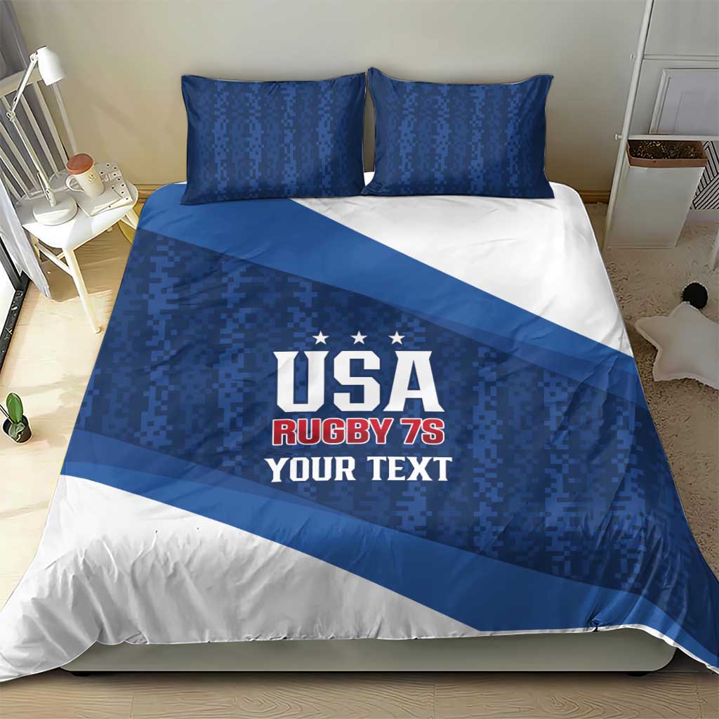 Blue and white bedding set featuring USA Rugby 7s text center design and two pillows