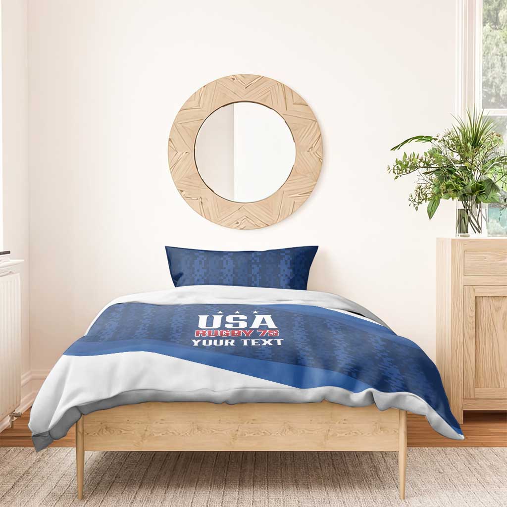 Blue and white bedding set with USA Rugby 7s text on the duvet and one pillow