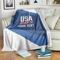 Blue and white USA rugby 7s fleece blanket with bold text design
