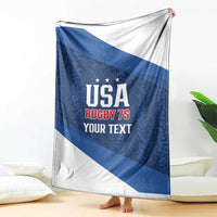 Blue and white USA rugby 7s custom blanket draped with center text graphic