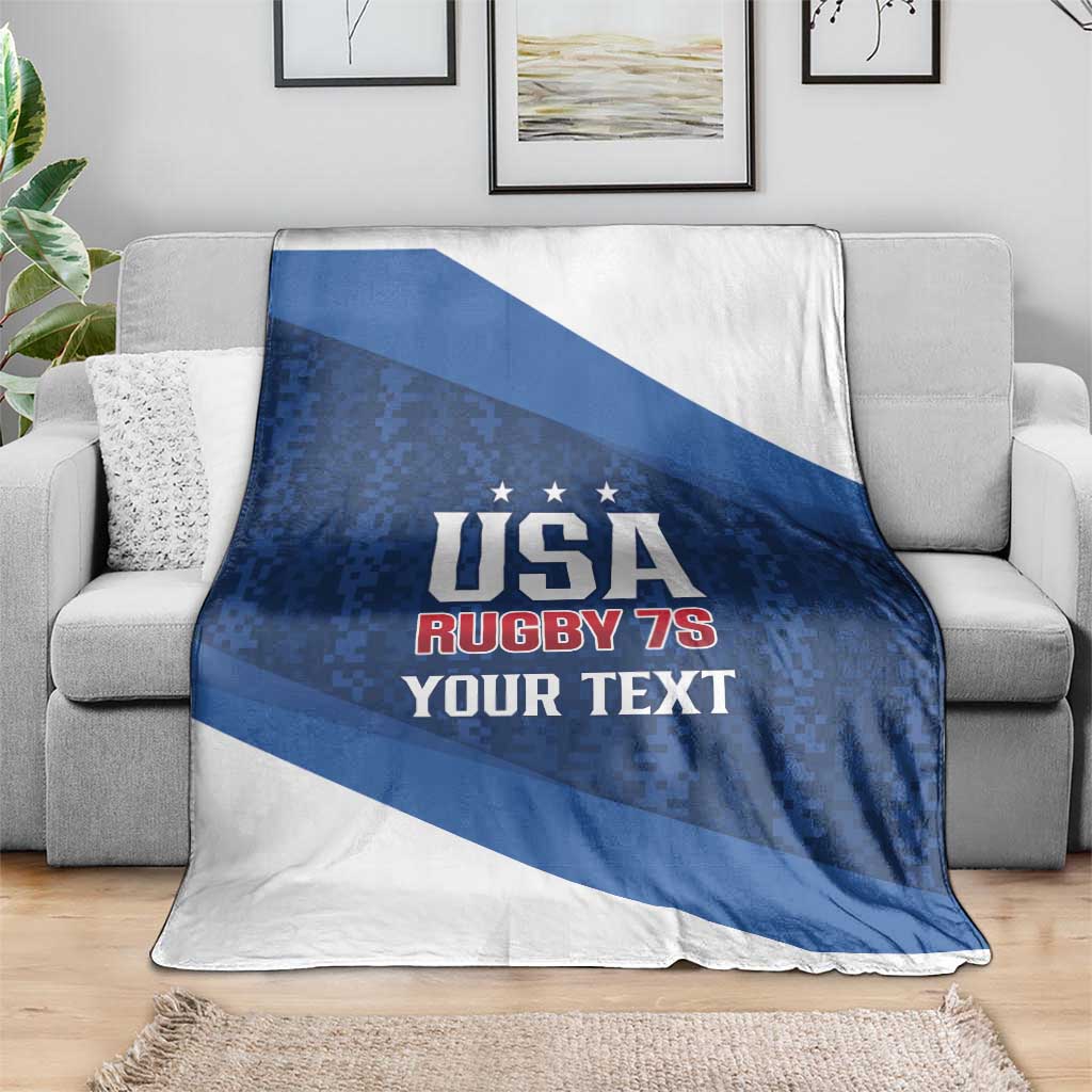Blue and white USA rugby 7s throw blanket with diagonal stripe and text