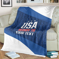 Blue and white USA rugby 7s blanket featuring stars and large USA text