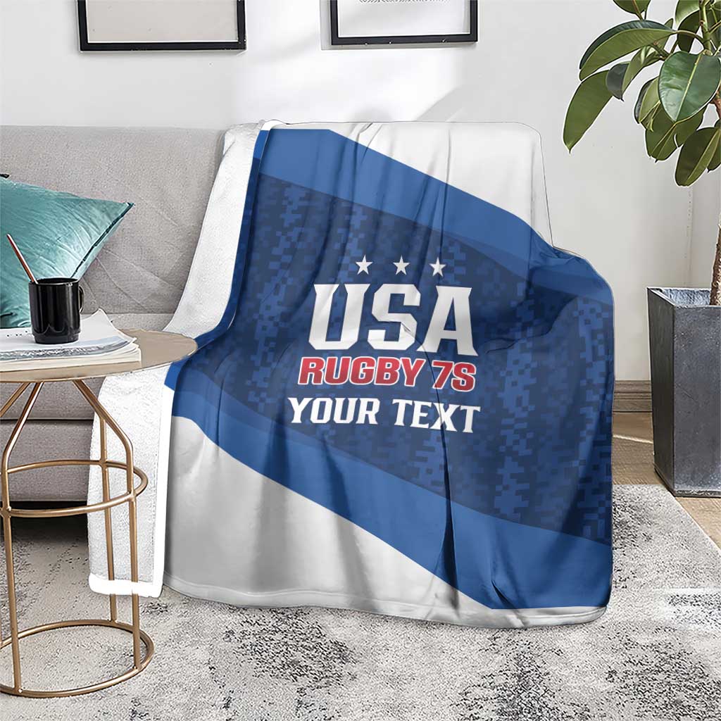Blue and white USA rugby 7s fleece blanket with diagonal band and message