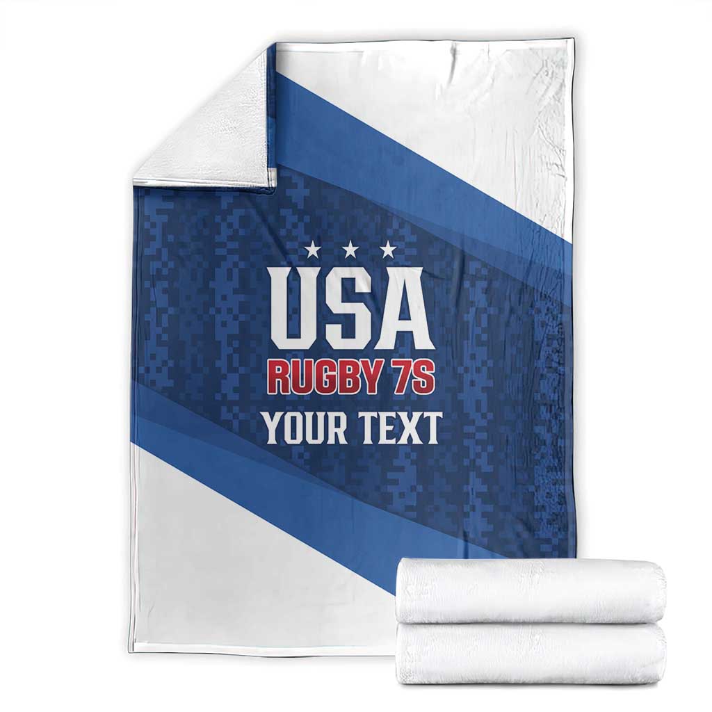 Blue and white USA rugby 7s blanket folded with stars and custom text