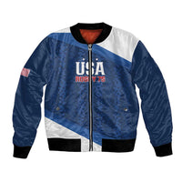 Blue satin bomber jacket with front zipper, ribbed hem, USA Rugby emblem and flag patch