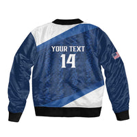 Blue-and-white bomber jacket with back 'YOUR TEXT 14', ribbed cuffs, zip front