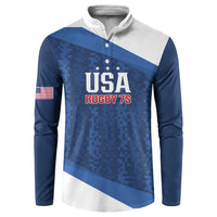 Blue and white button-up rugby sweatshirt with USA Rugby 7s logo on front