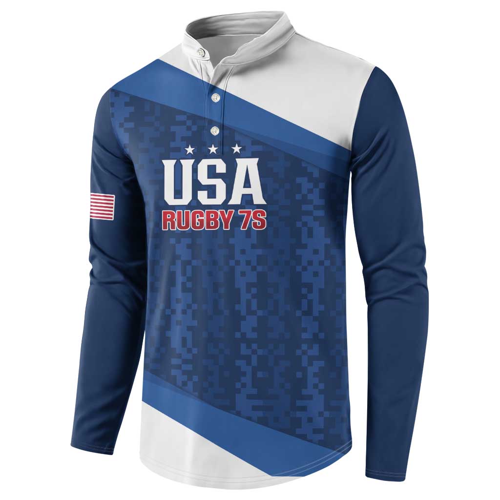 Blue and white button-up rugby sweatshirt with USA Rugby 7s emblem and stars
