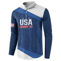 Blue and white button-up rugby sweatshirt with USA Rugby 7s emblem and stars
